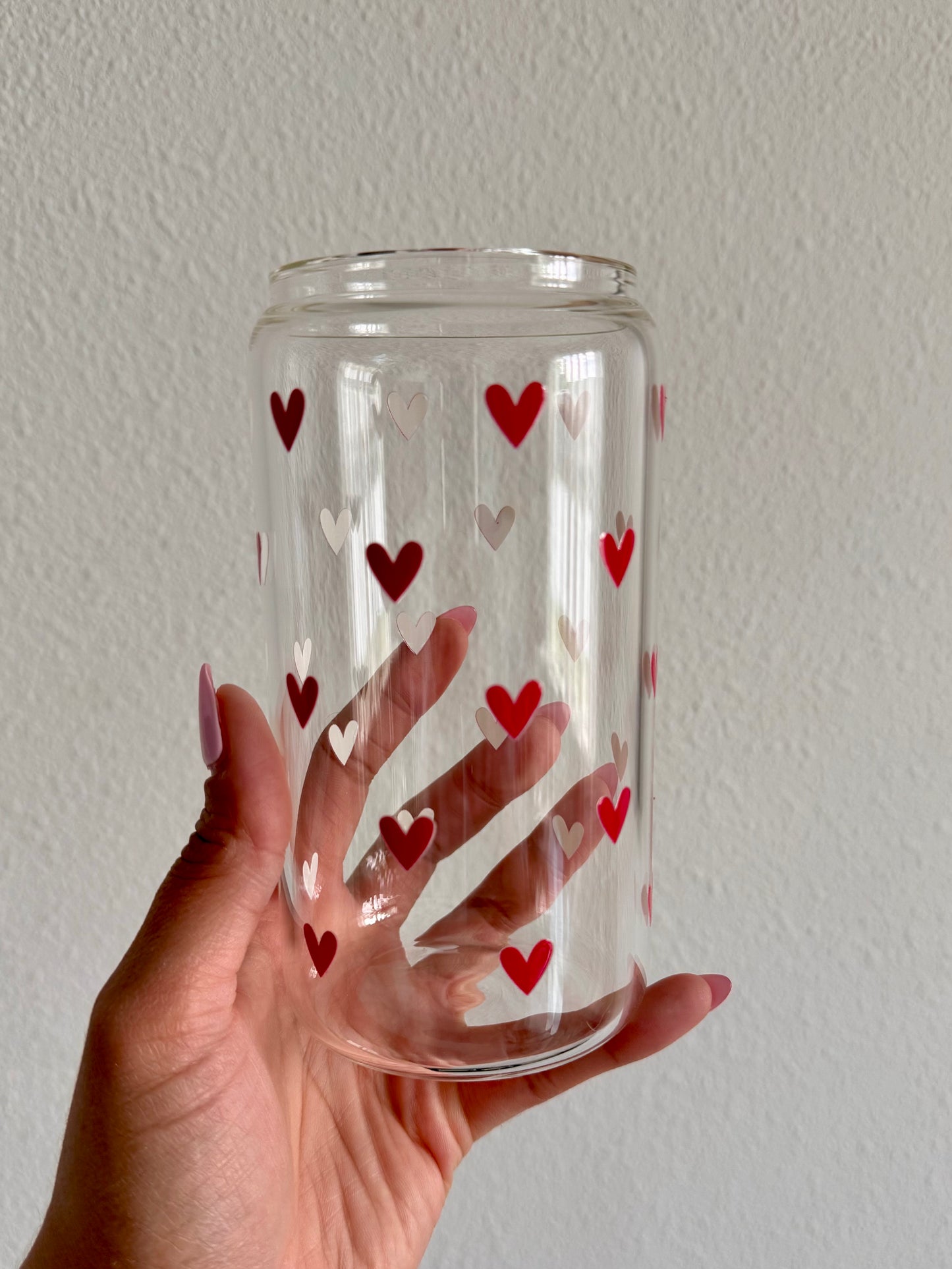 Red Hearts Glass Can
